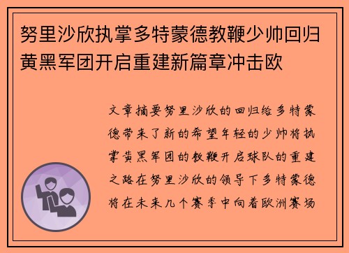努里沙欣执掌多特蒙德教鞭少帅回归黄黑军团开启重建新篇章冲击欧