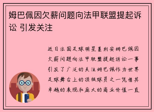姆巴佩因欠薪问题向法甲联盟提起诉讼 引发关注 姆巴佩因欠薪问题向法甲联盟提起诉讼 引发关注
